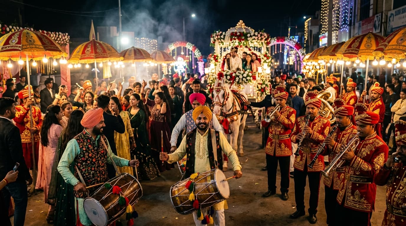 Indian Wedding Brass Band Uniformed Musicians and Royal Crystal Baggi