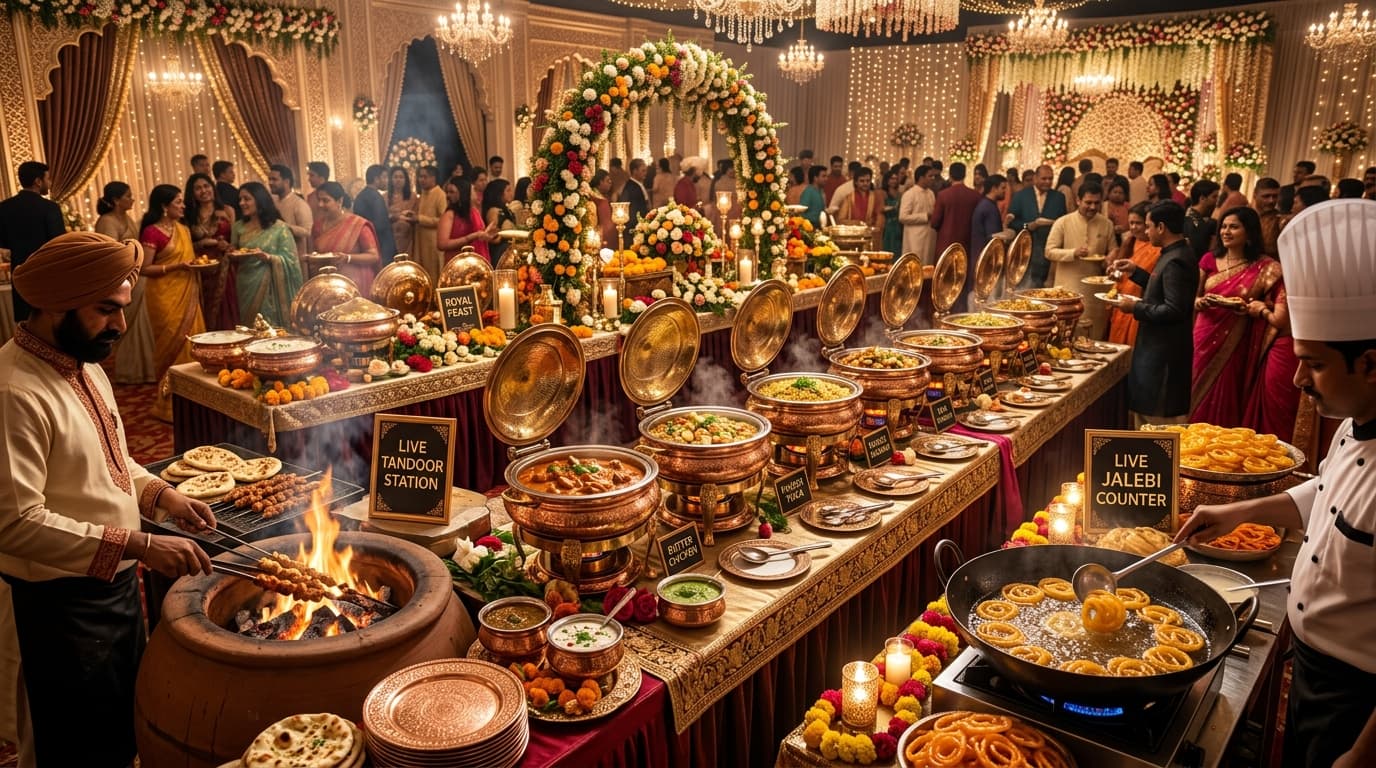 Indian Luxury Wedding Catering Setup with Brass Chafing Dishes and Live Tandoor