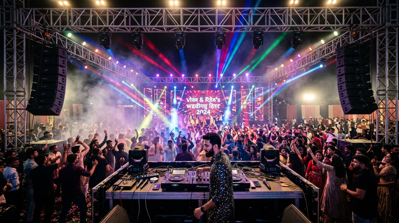 Indian Wedding DJ Stage Setup with Line Array Speakers and Moving Head Lights