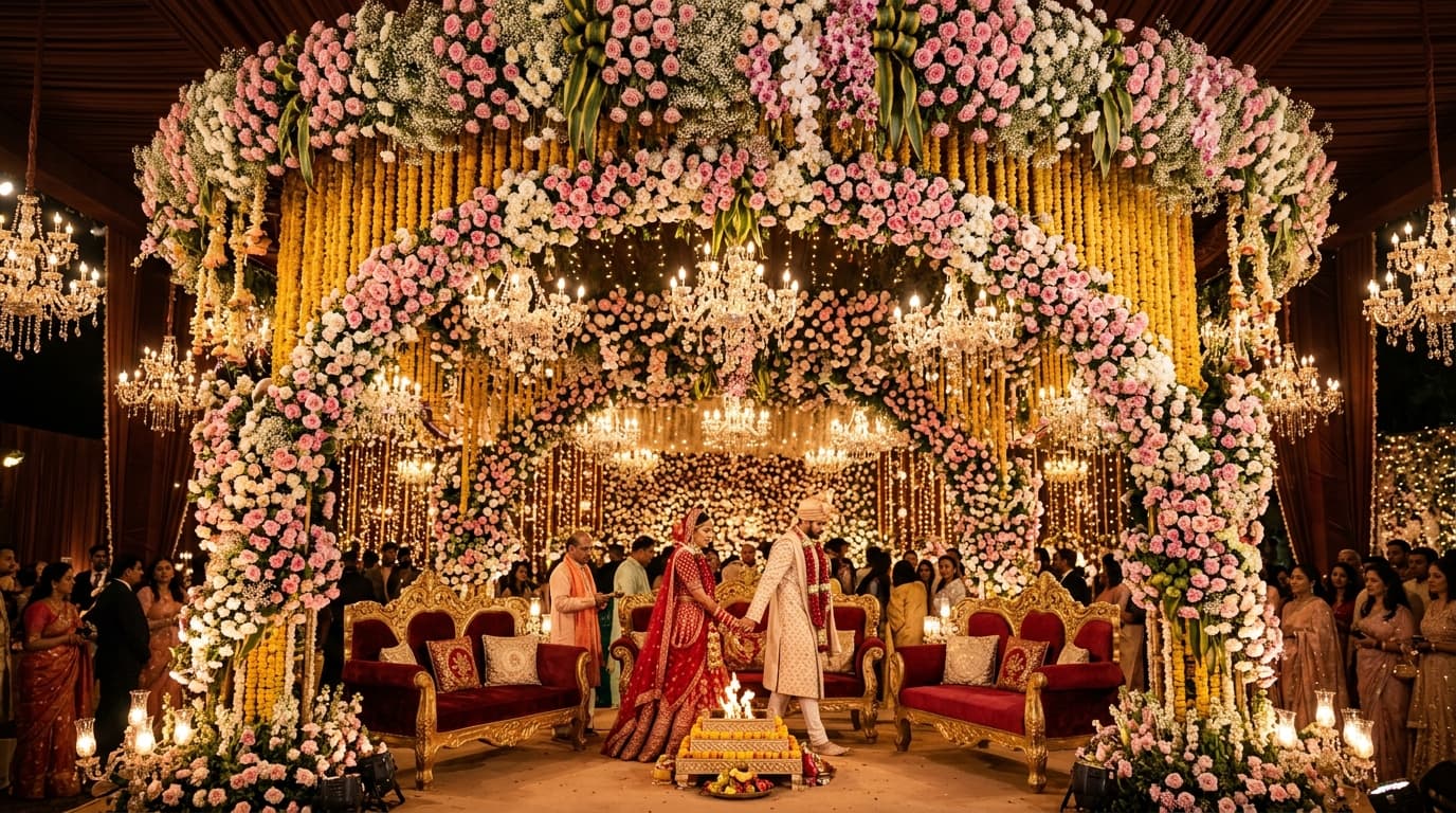 Indian Wedding Grand Floral Stage and Mandap Theme Production