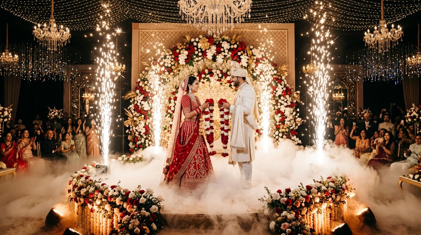 Indian Wedding Varmala Stage Indoor Cold Spark Fountains and Low Fog FX