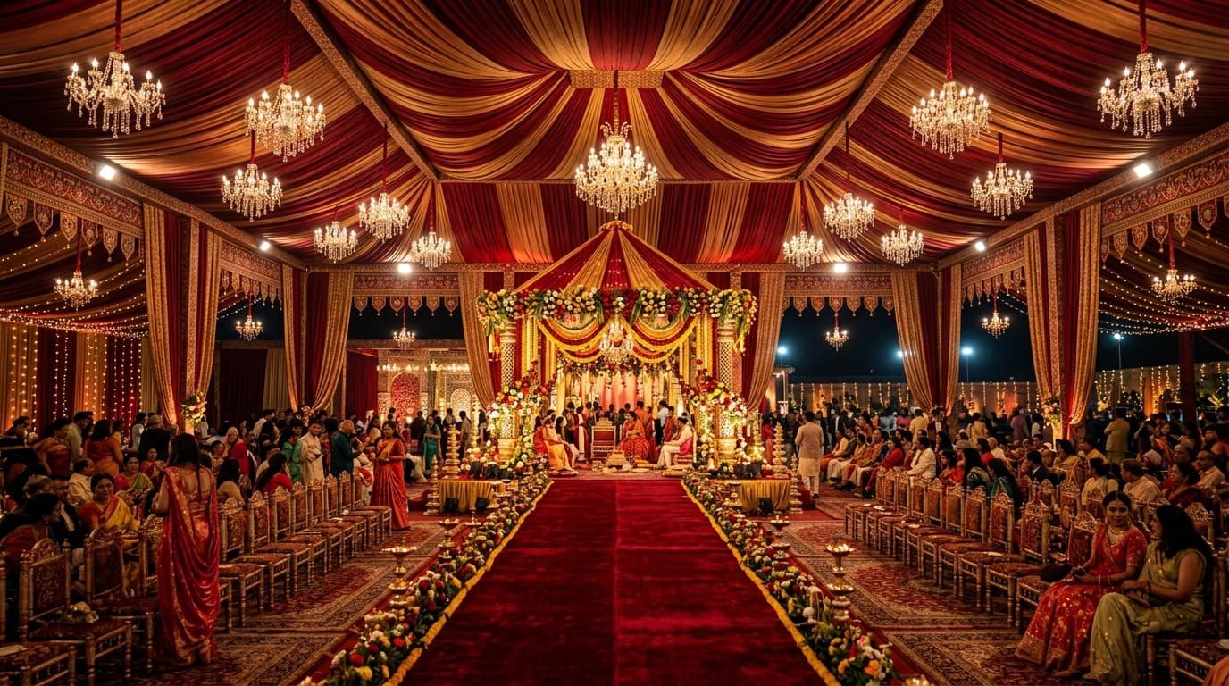 Indian Royal Wedding Tent House Shamiyana and Floral Mandap Setup